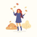 Girl is jumping and throwing autumn leaves up and having autumn mood. Autumn concept Vector flat illustration. Fall and
