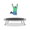 Girl jumping on trampoline. Young female cartoon character having fun on garden trampoline Royalty Free Stock Photo