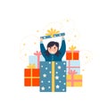 A girl jumps out of a Christmas present. Christmas decorations with bright gifts. Flat bright vector illustration.