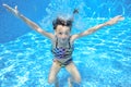 Girl jumps and swims in pool underwater