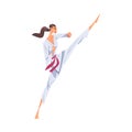 Girl Karateka Doing High Leg Kick, Karate Fighter Character in White Kimono Practicing Traditional Japan Martial Art