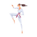 Girl Karateka Doing Kick, Female Karate Fighter Character in White Kimono Practicing Traditional Japan Martial Art