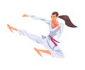 Girl Karateka Jumping Side Kick, Karate Fighter Character in White Kimono Practicing Traditional Japan Martial Art Royalty Free Stock Photo