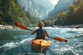 A girl in a kayak sailing on a mountain river. whitewater kayaking, down a white water rapid river in the mountains.