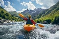 A girl in a kayak sailing on a mountain river. whitewater kayaking, down a white water rapid river in the mountains.