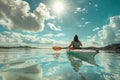 Girl in kayak sails mountain river. Whitewater kayaking, extreme sport rafting