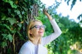 Girl keen on book keep reading. Woman blonde take break relaxing in park reading book. Lady cheerful laugh she likes Royalty Free Stock Photo