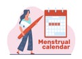 Girl keeps her menstrual calendar. Woman near large table with period marks. PMS and ovulation, menstruation control