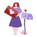 Girl keeps a valentine gift card near the mailbox. Valentine's day romantic vector illustration