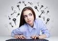 Girl with keyboard looking for solution Royalty Free Stock Photo