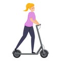 Girl kick electric scooter icon, cartoon style