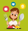 Girl kid child holding spoon and fork eating meal dish