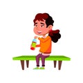 Girl Kid Drinking Soda Water On Park Bench Vector Royalty Free Stock Photo