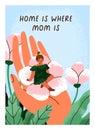 Girl kid in flower, greeting card design for Mothers day. Little tiny cute child in moms hand. Mommy love and care