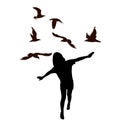 Girl kid imitate bird flying and birds flying