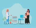 Girl kid with mother vaccination and doctors with mask against 2019 ncov virus vector design