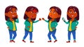 Girl Kid Poses Set Vector. Indian, Hindu. Asian. School Child. Education. Young, Cute, Comic. For Presentation, Print Royalty Free Stock Photo