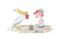 Girl kid with red hair playing on the beach with sand, sandcastle and pelican - Vector illustration hand drawn with pencil texture