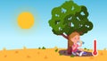 Kid sitting under tree drinking water on sunny day Royalty Free Stock Photo