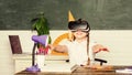 Girl kid study in virtual school. Virtual education. Child cute pupil wear hmd vr glasses. Virtual teaching. Studying in Royalty Free Stock Photo