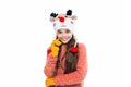 Girl kid wear warm hat isolated on white. Happy childhood. Teen girl in earflap hat. Winter fashion style. Girl in