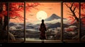 Girl in kimono on background of Japanese landscape. Generative AI Royalty Free Stock Photo