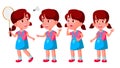 Girl Kindergarten Kid Poses Set Vector. Baby Expression. Preschooler. Life. For Postcard, Announcement, Cover Design