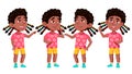 Girl Kindergarten Kid Poses Set Vector. Black. Afro American. Active, Joy Preschooler Playing. For Presentation, Print