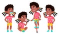 Girl Kindergarten Kid Poses Set Vector. Black. Afro American. Happy Beautiful Children Character. For Advertising