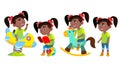Girl Kindergarten Kid Poses Set Vector. Black. Afro American. Little Child. Funny Toy. Having Fun On Playground. For Royalty Free Stock Photo
