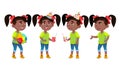 Girl Kindergarten Kid Poses Set Vector. Black. Afro American. Little Child. Having Fun On Carnival, Birthday Party. For