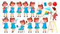 Girl Kindergarten Kid Poses Set Vector. Happy Children Character. Babysitting. For Advertisement, Greeting, Announcement