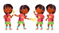 Girl Kindergarten Kid Poses Set Vector. Indian, Hindu. Playground. Childhood. Smile. Toys. For Web, Poster, Booklet