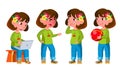 Girl Kindergarten Kid Poses Set Vector. Preschool, Childhood. Friend. For Postcard, Cover, Placard Design. Isolated