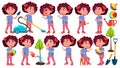 Girl Kindergarten Kid Poses Set Vector. Preschool. Young Person. Cheerful. For Web, Brochure, Poster Design. Isolated