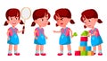 Girl Kindergarten Kid Poses Set Vector. Preschooler Playing. Friendship. For Web, Poster, Booklet Design. Isolated