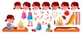 Girl Kindergarten Kid Vector. Animation Creation Set. Face Emotions, Gestures. Caucasian Child Expression. Activity. For