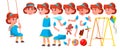 Girl Kindergarten Kid Vector. Animation Creation Set. Face Emotions, Gestures. Emotional Character Playing. Playground