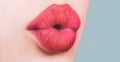 Girl kissing. Female lips kiss. Natural beauty lip care. Sexy female lips with pink lipstick. Sensual womens open mouths