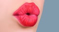 Girl kissing. Female lips kiss. Natural beauty lip care. Sexy female lips with pink lipstick. Sensual womens open mouths