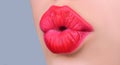 Girl kissing. Female lips kiss. Natural beauty lip care. Sexy female lips with pink lipstick. Sensual womens open mouths