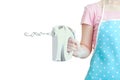 The girl in the kitchen apron with mixer in hand. Close-up. White isolate