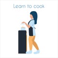 Girl in a kitchen apron prepares soup, chef, illustration in flat style for restaurants, cafes