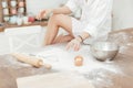 girl in the kitchen with bare legs prepares the dough table in flour