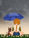 Girl with kitten looking the rain sitting in the grass