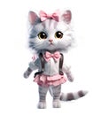 Girl Kitten with a pink bow on her head, dressed in a school uniform, isolated on white background, cute and funny cats concept,