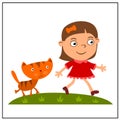 A girl with a kitten are walking on a green meadow Royalty Free Stock Photo