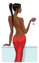 Girl lady black hair standing back on the balcony with a glass of champagne wine isolated vector