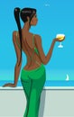 Girl lady standing on the balcony with a glass of champagne wine in sea sky club bar vector illustration Royalty Free Stock Photo