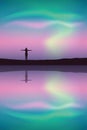 Girl by the lake at beautiful colorful aurora borealis